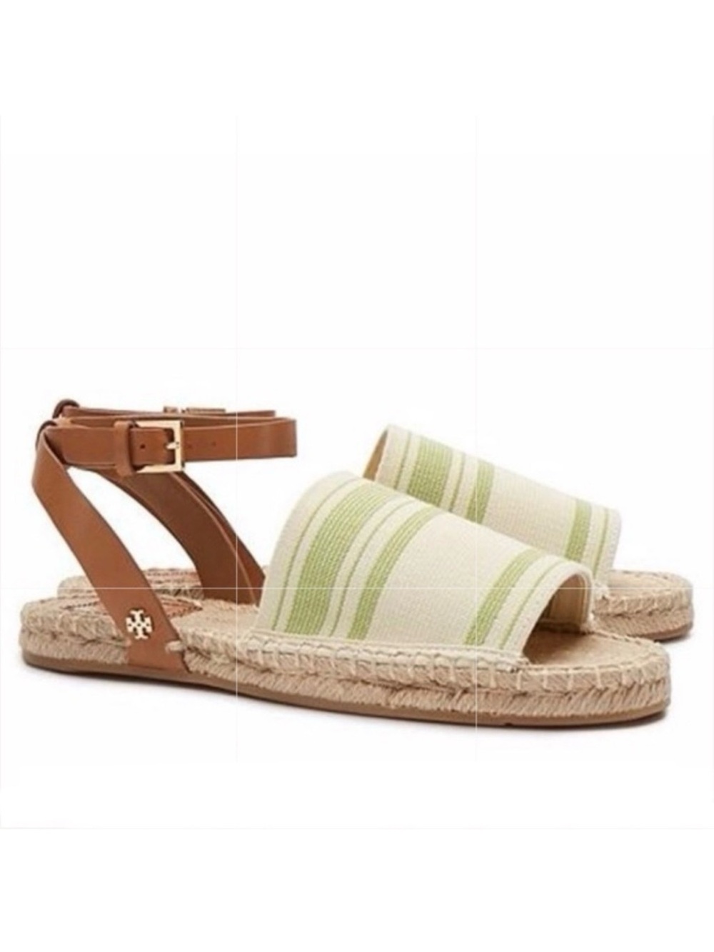TORY BURCH Green Beige Leather Canvas Buckle Strap Wrap Flat Espadrilles Sz 10.5